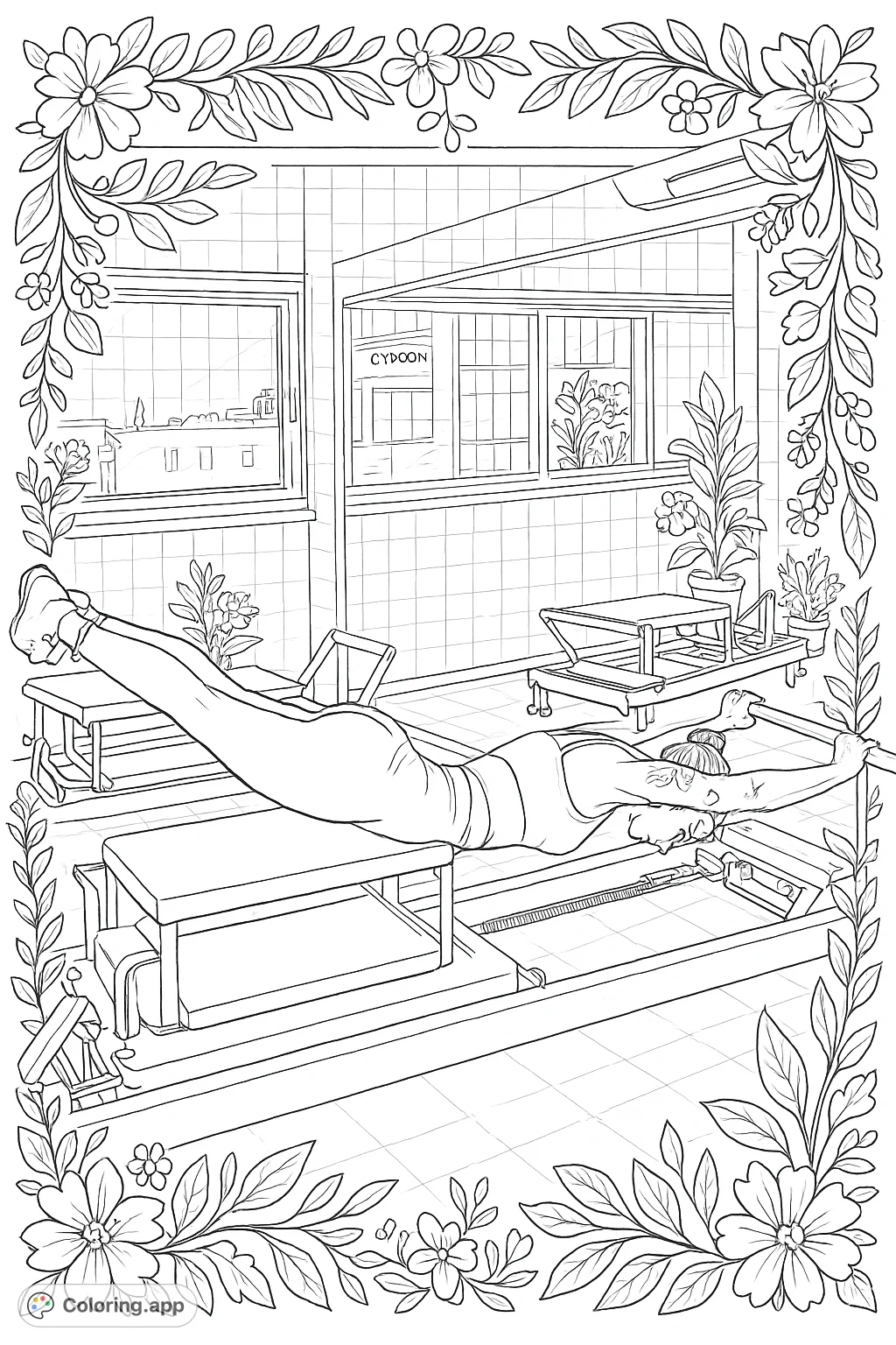 A detailed Pilates reformer exercise scene, perfect for fitness enthusiasts. Features a realistic pose, intricate equipment, and decorative elements for a challenging coloring experience.