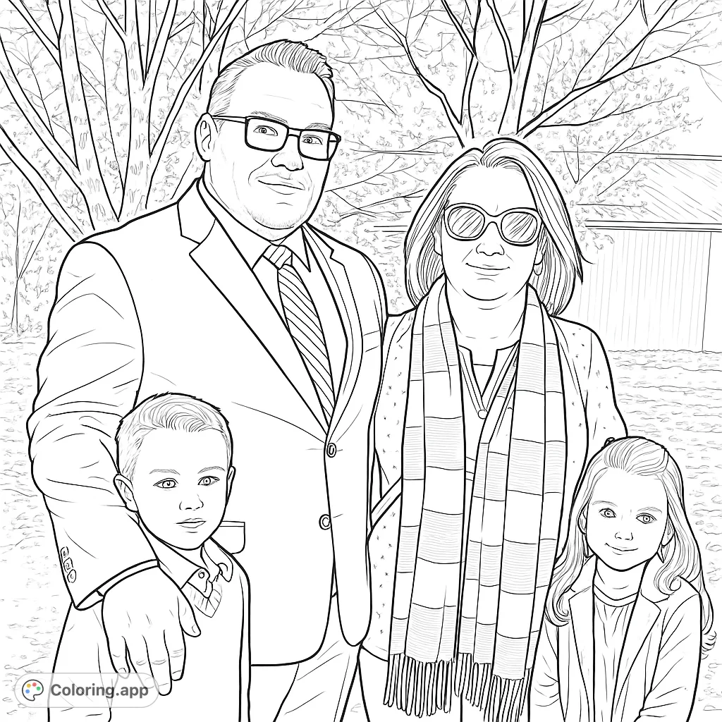 A heartwarming family portrait featuring two adults and two children, set outdoors amidst trees with sparse foliage and scattered leaves, perfect for personalizing.