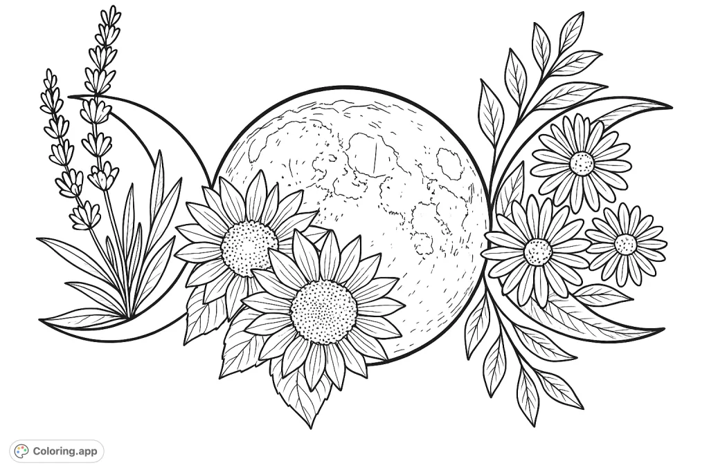 A celestial triple moon symbol adorned with intricate lavender, sunflowers, and daisies, perfect for a mystical and botanical coloring page.