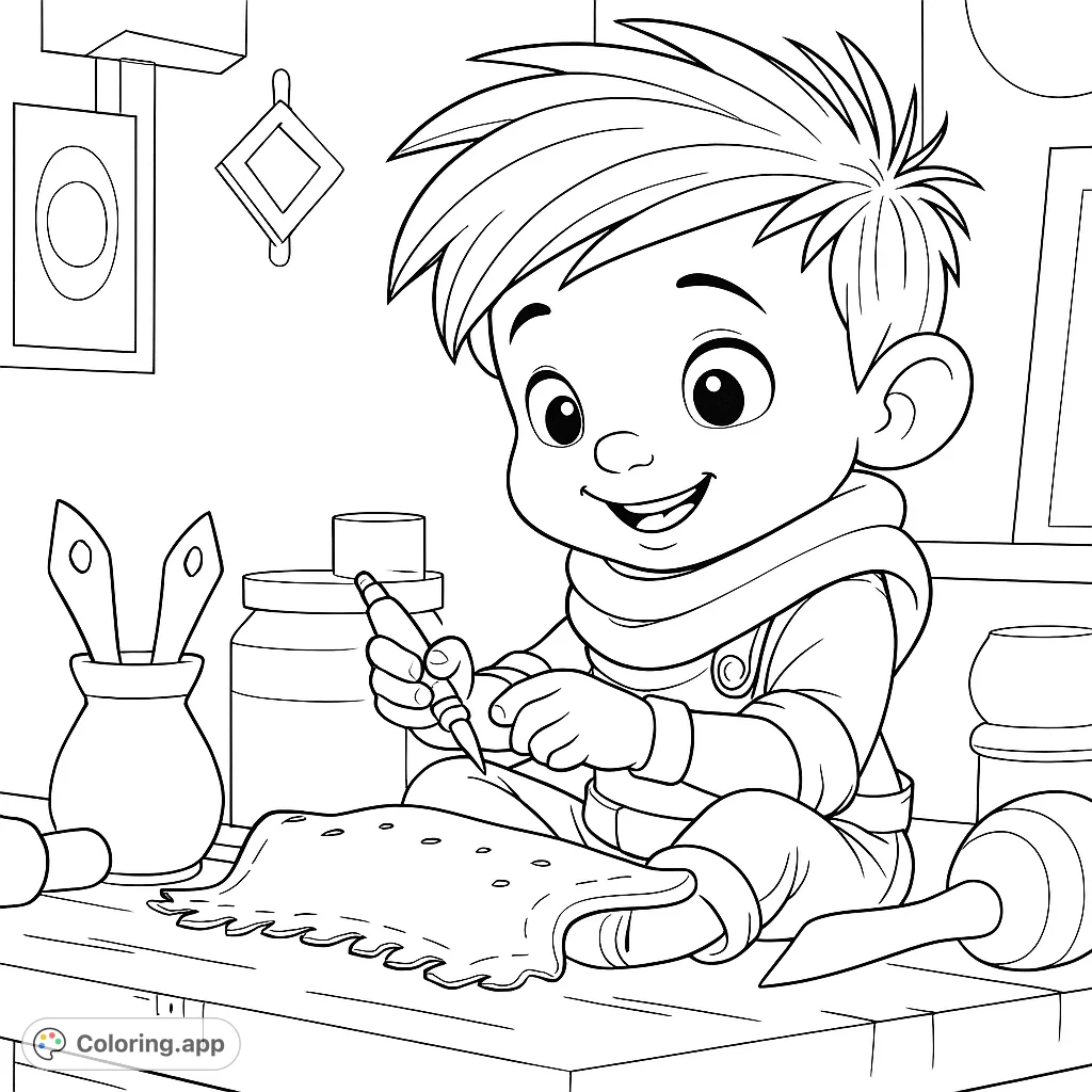 A cheerful cartoon boy engaged in crafting, surrounded by tools and materials in his workshop. Perfect for inspiring creativity and fine motor skills.