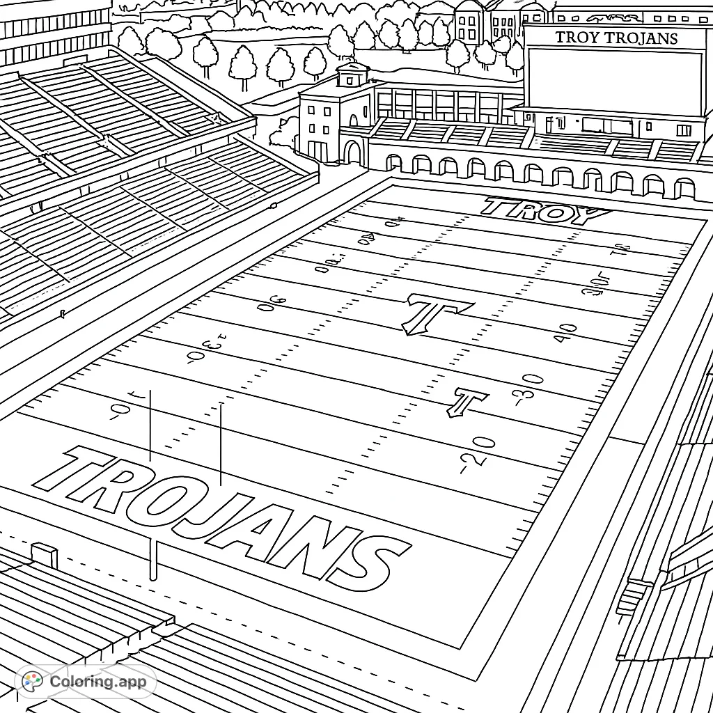 An expansive aerial view of a detailed football stadium, featuring the field, goalposts, tiered seating, and surrounding structures, perfect for sports enthusiasts.