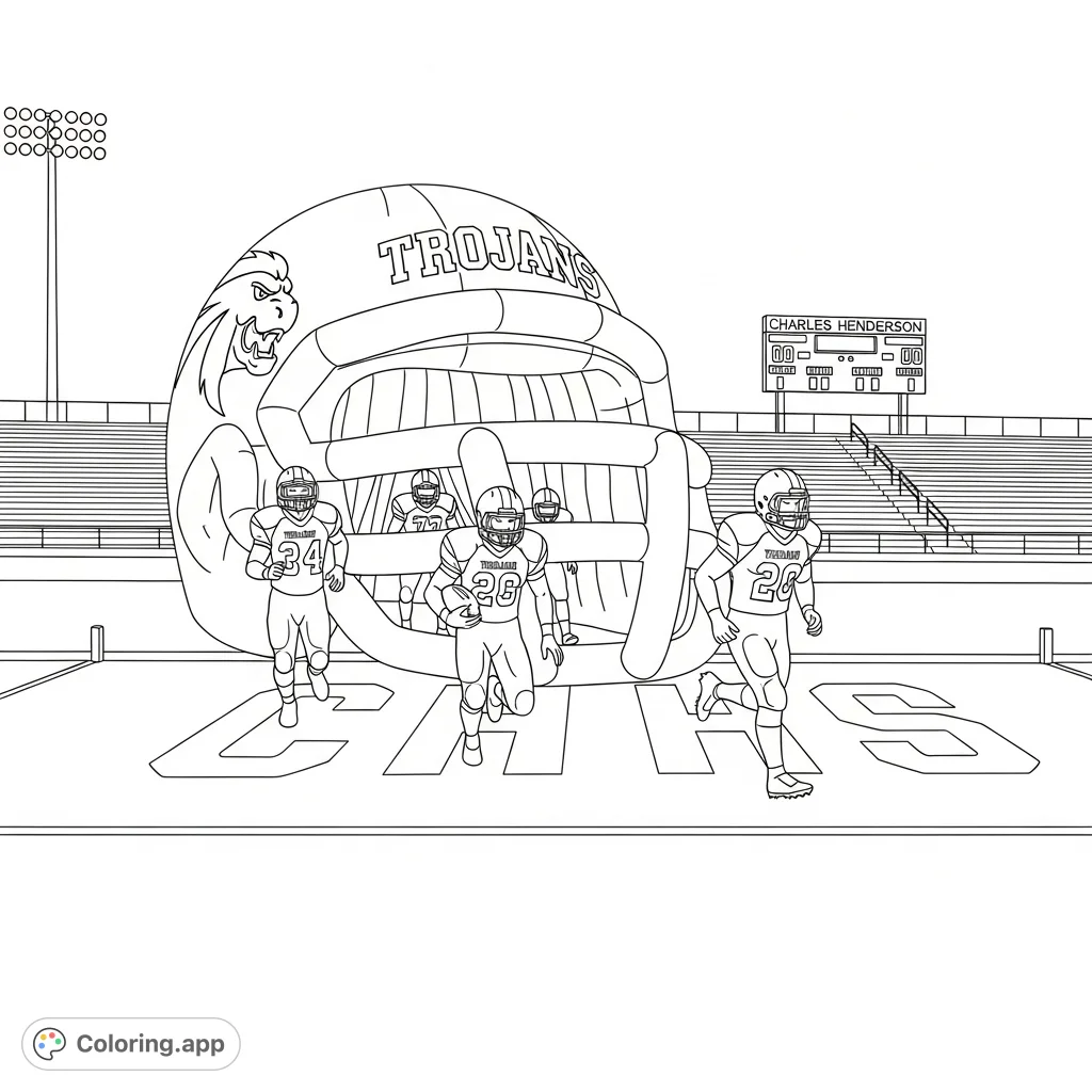 Experience the excitement of Charles Henderson High School game day! This free printable football field coloring page features Trojans players running under a giant helmet with 'CHHS' at midfield.