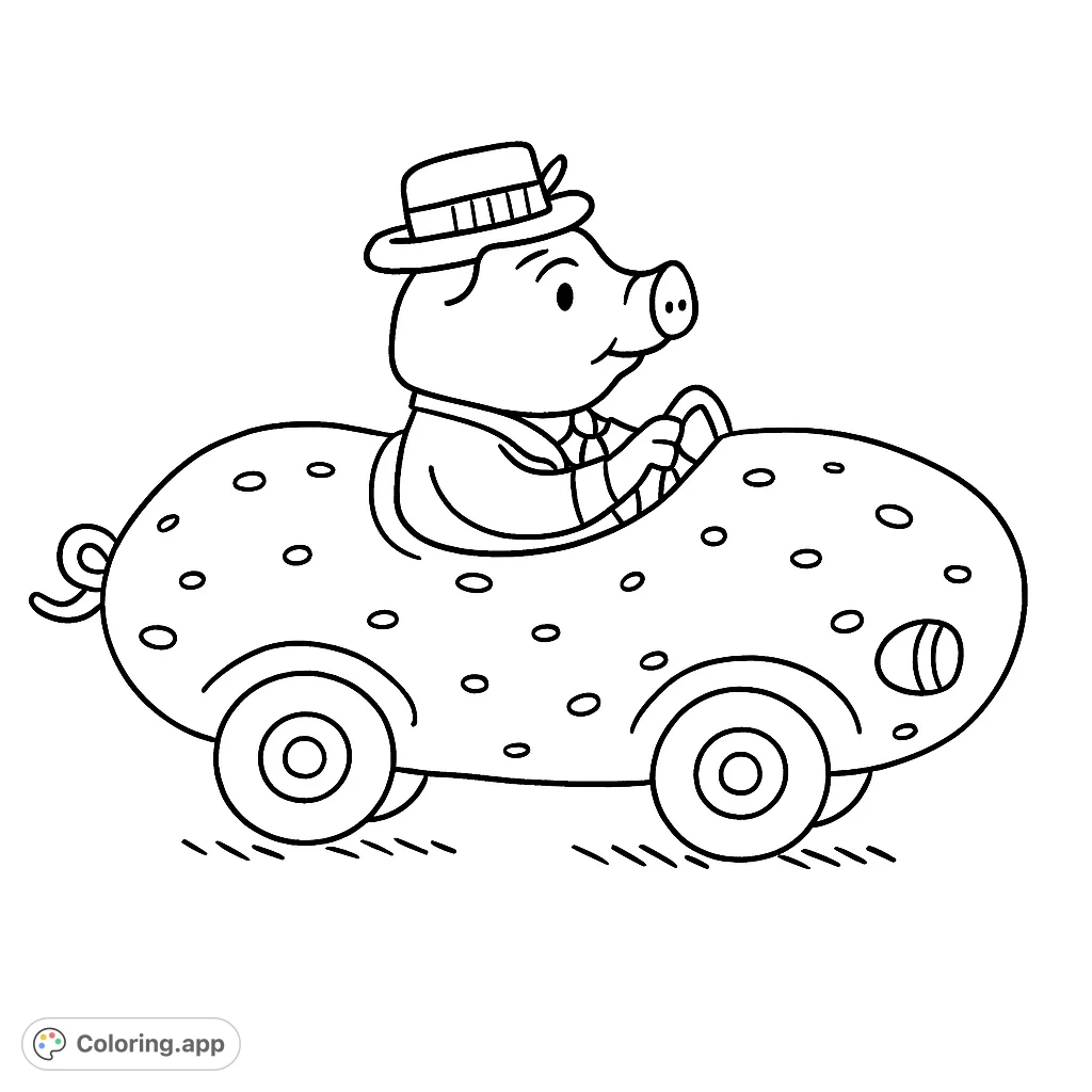 A whimsical pig character in a unique pickle-shaped car, ready for an adventure! Perfect for a fun, imaginative coloring experience.