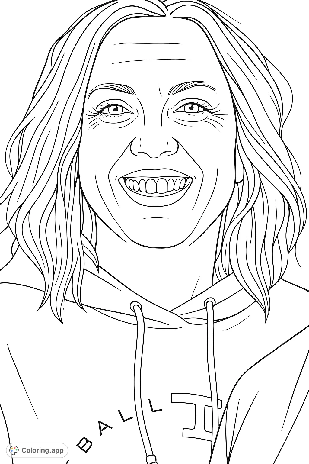 Capture the joyful spirit of a smiling woman with this engaging portrait coloring page. Features detailed facial expressions and a cozy hooded sweatshirt.