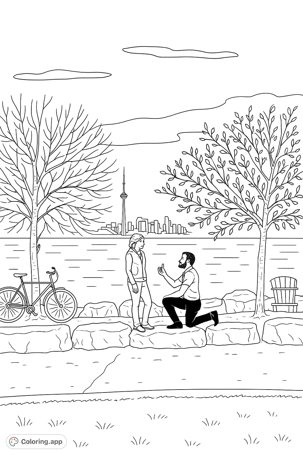 A heartfelt proposal scene by the water, with a city skyline backdrop and natural elements. Perfect for celebrating love and special moments.