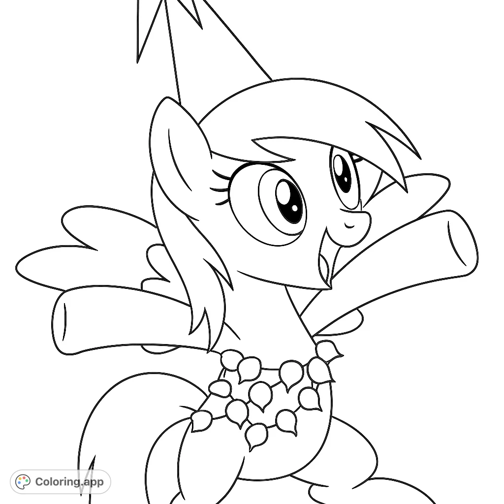 A delightful pony character, adorned with a party hat and garland, expresses pure joy with outstretched hooves. Perfect for a fun, celebratory coloring experience!