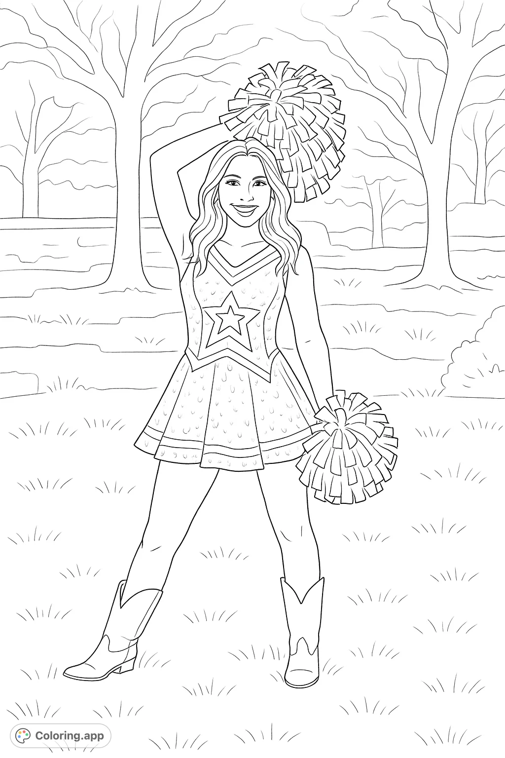 A dynamic cheerleader in a star-patterned uniform, holding pom-poms, ready to perform. Perfect for fans of dance and spirit.
