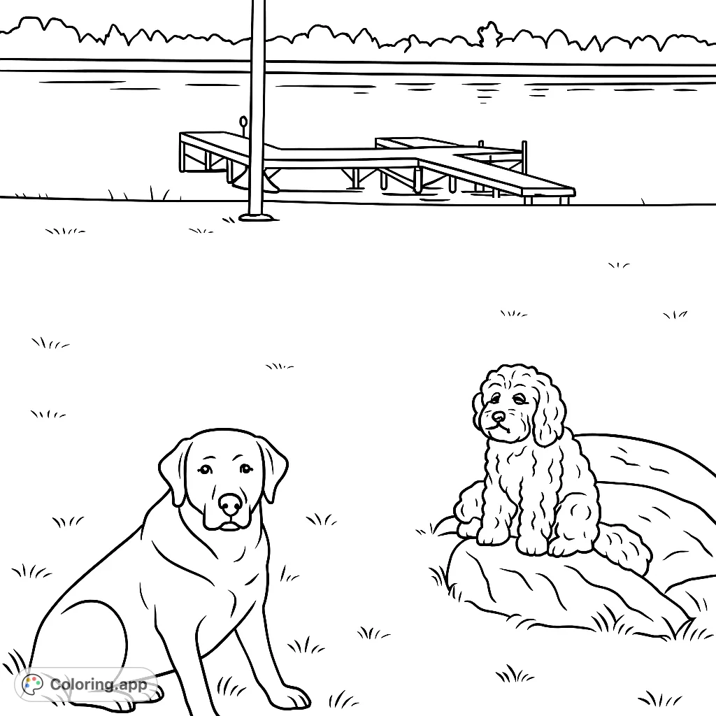 Two friendly dogs relax by a serene lake with a dock and distant trees, offering a peaceful nature scene for coloring. Perfect for animal lovers.