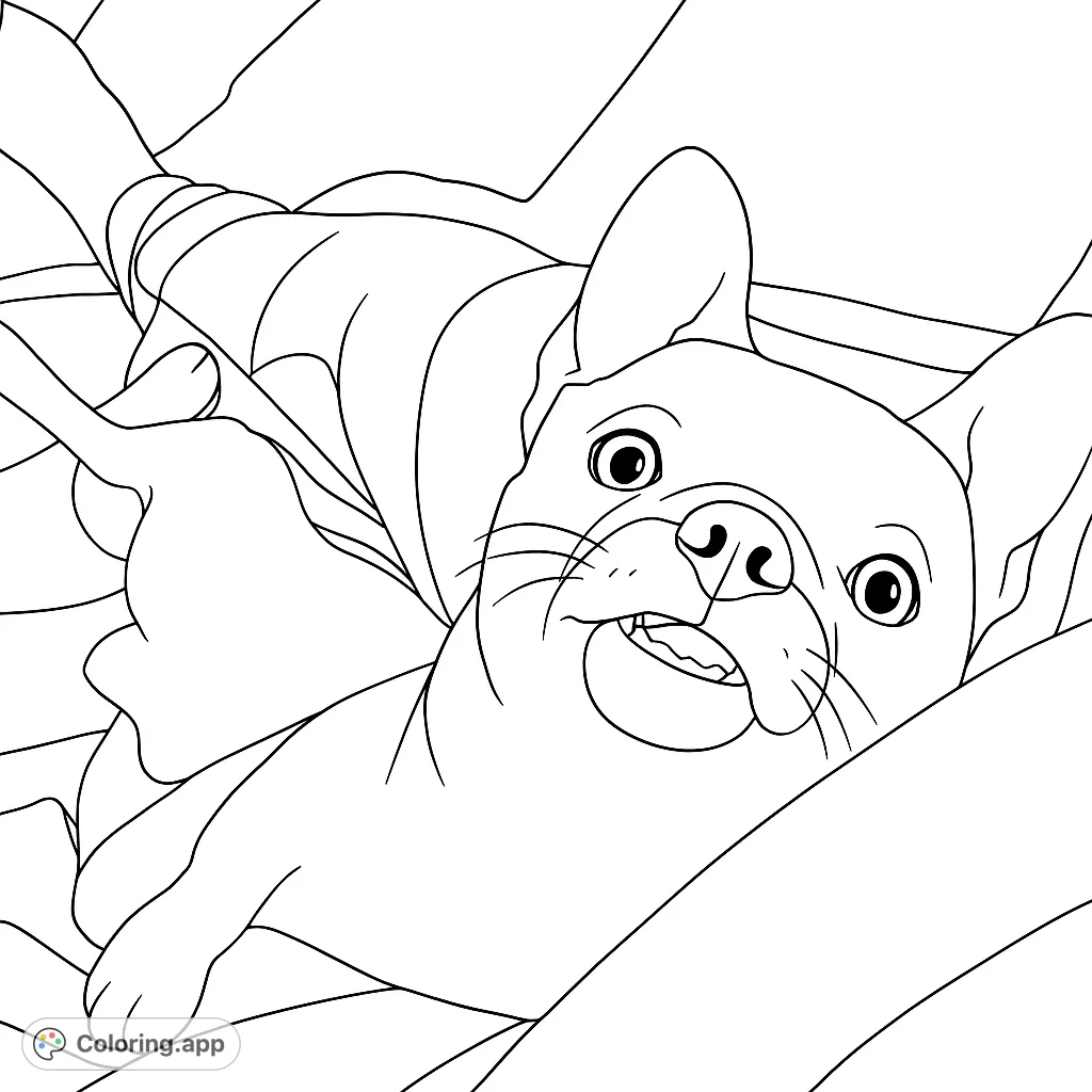 A charming coloring page featuring a playful dog lying on its back amidst soft pillows, with a surprised and endearing expression. Perfect for dog lovers!