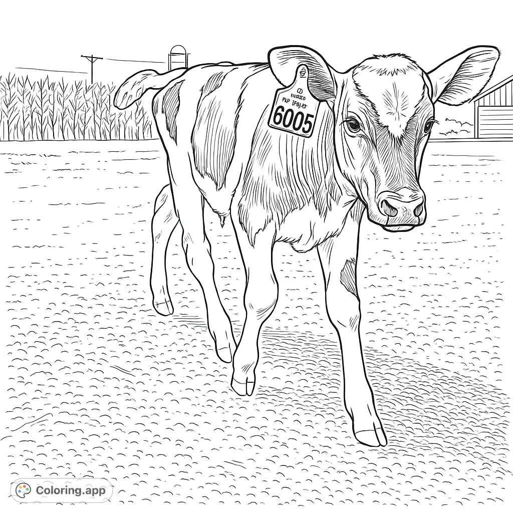 An adorable young calf with distinct markings and an ear tag stands on a gravel path, with farm structures and tall crops in the background.