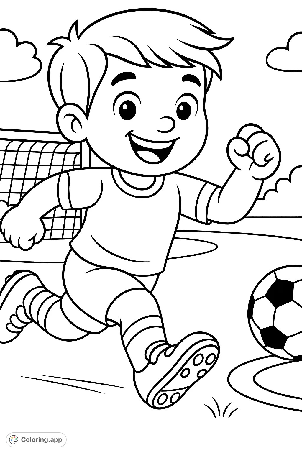 A cheerful boy runs with a soccer ball near a goal, ready for action. Perfect for young sports enthusiasts and developing fine motor skills.