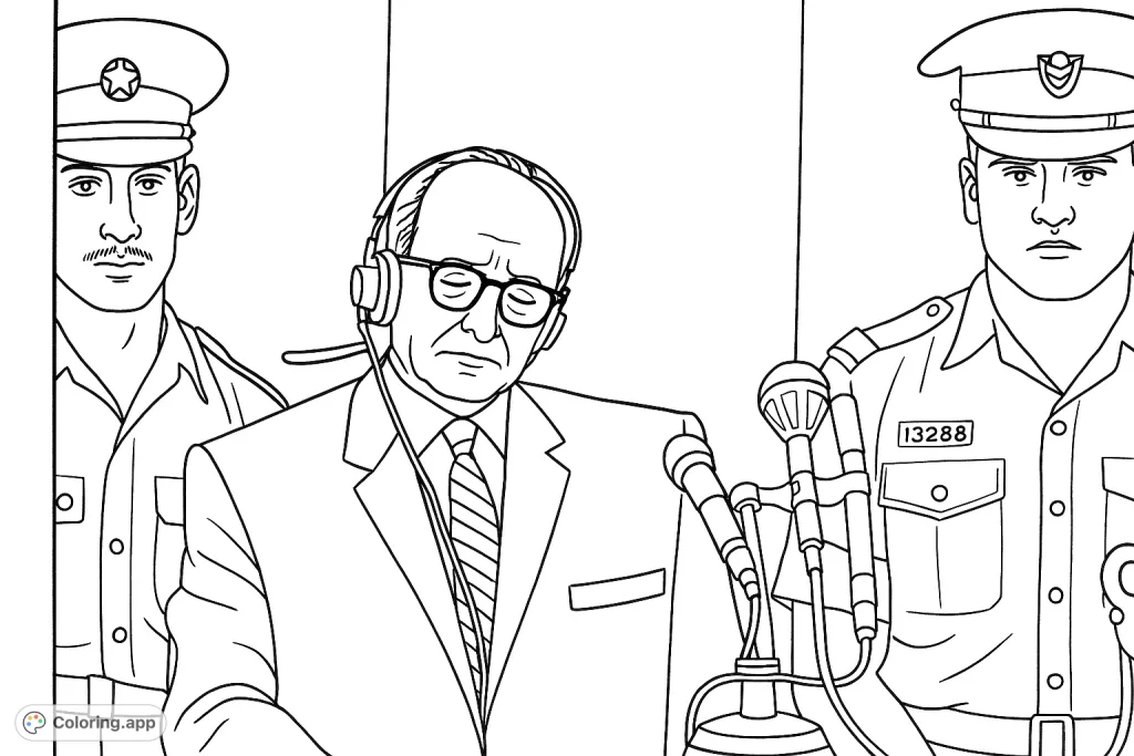 A solemn scene depicting a man in a suit with headphones and glasses, flanked by two uniformed guards and microphones. A historical and thought-provoking image.