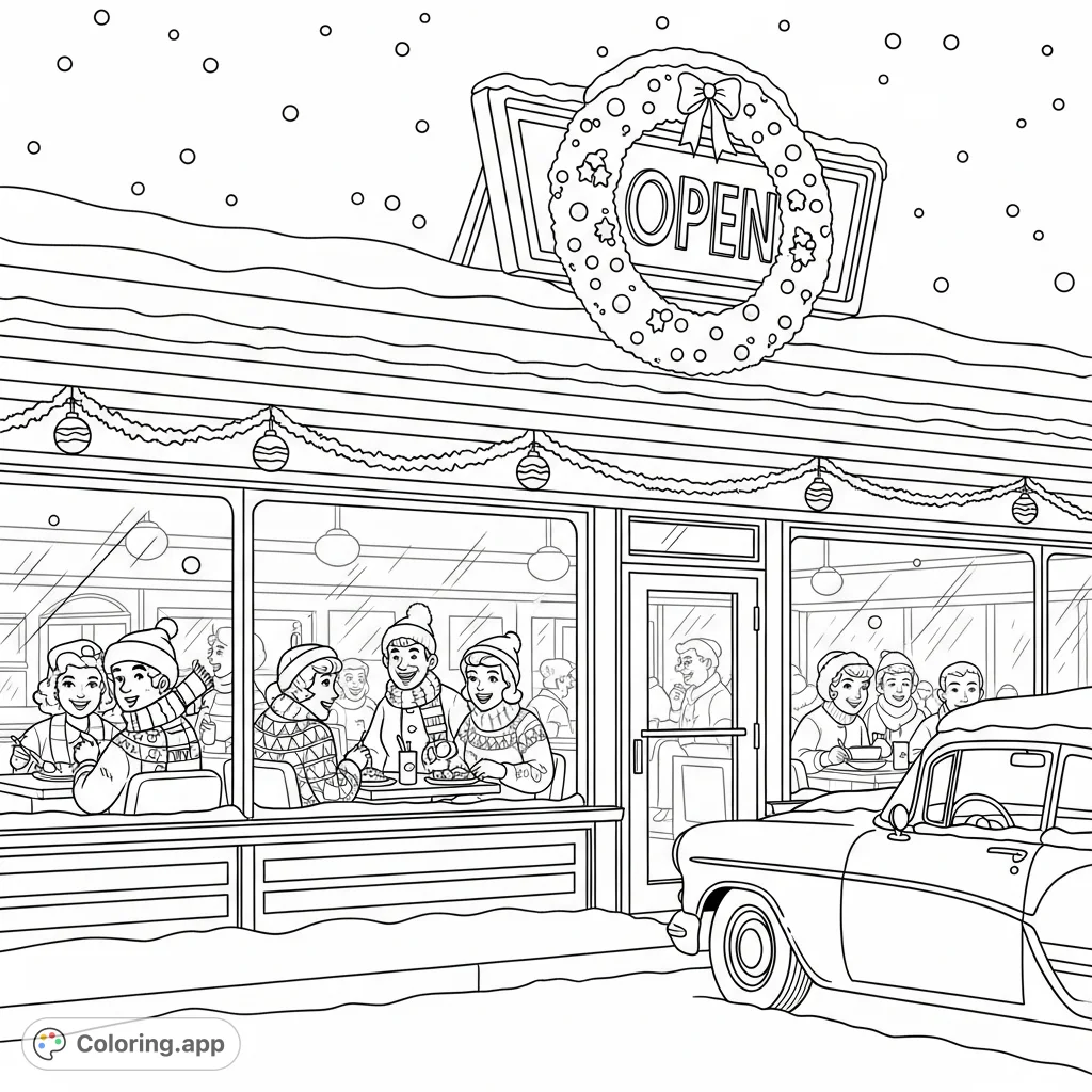Step back in time with this charming 1950s diner coloring page, featuring a snowy winter scene, happy patrons, and festive holiday decorations.