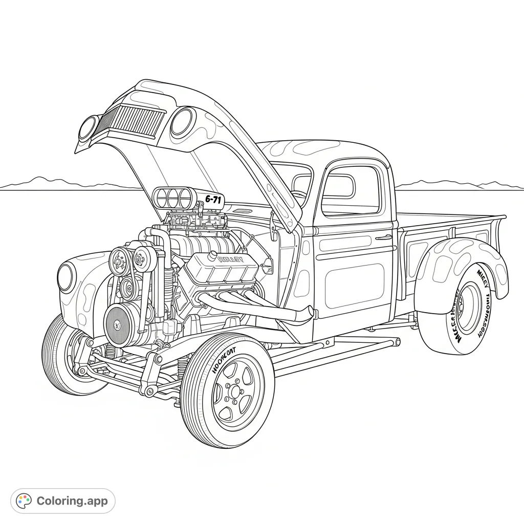 Experience the raw power of a 1941 Willy's gasser with its big block Chevy motor, blower, and drag slicks on the vast Utah salt flats. A detailed muscle car coloring page.