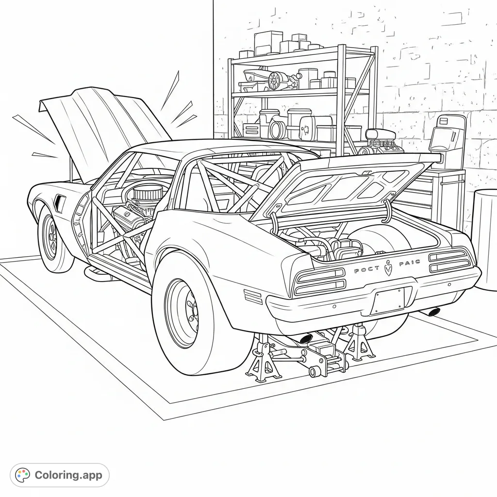 Experience the raw power of a 1970 Pontiac Trans-Am in a detailed pit area. Explore intricate roll bars, customized suspension, and workshop tools.