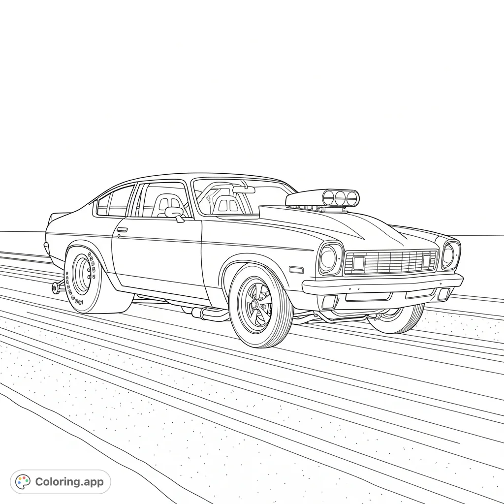 Capture the raw power of a 1976 Vega Pro Street drag car on an empty strip. Features massive tires, a bulging cowl hood, and exposed suspension for racing enthusiasts.