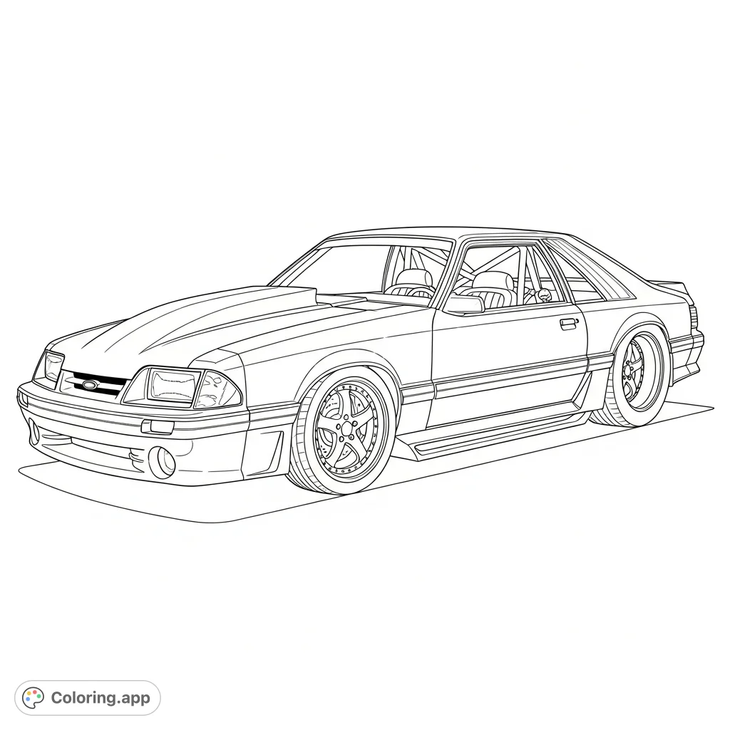 A detailed 1984 Ford Mustang GT500 with custom modifications: lowered suspension, wide tires, custom wheels, cowl hood, and roll cage, perfect for car enthusiasts.