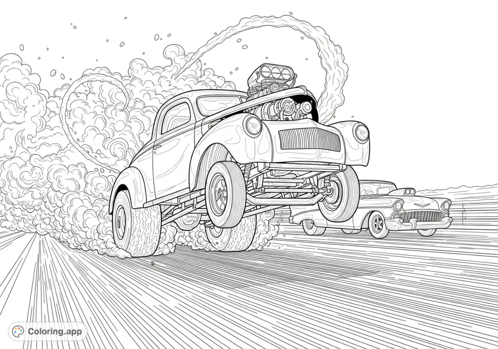 Experience the thrilling launch of a 1941 Willy's gasser, tires smoking, front wheels lifted, alongside a 1955 Chevy 2dr post on a drag strip.