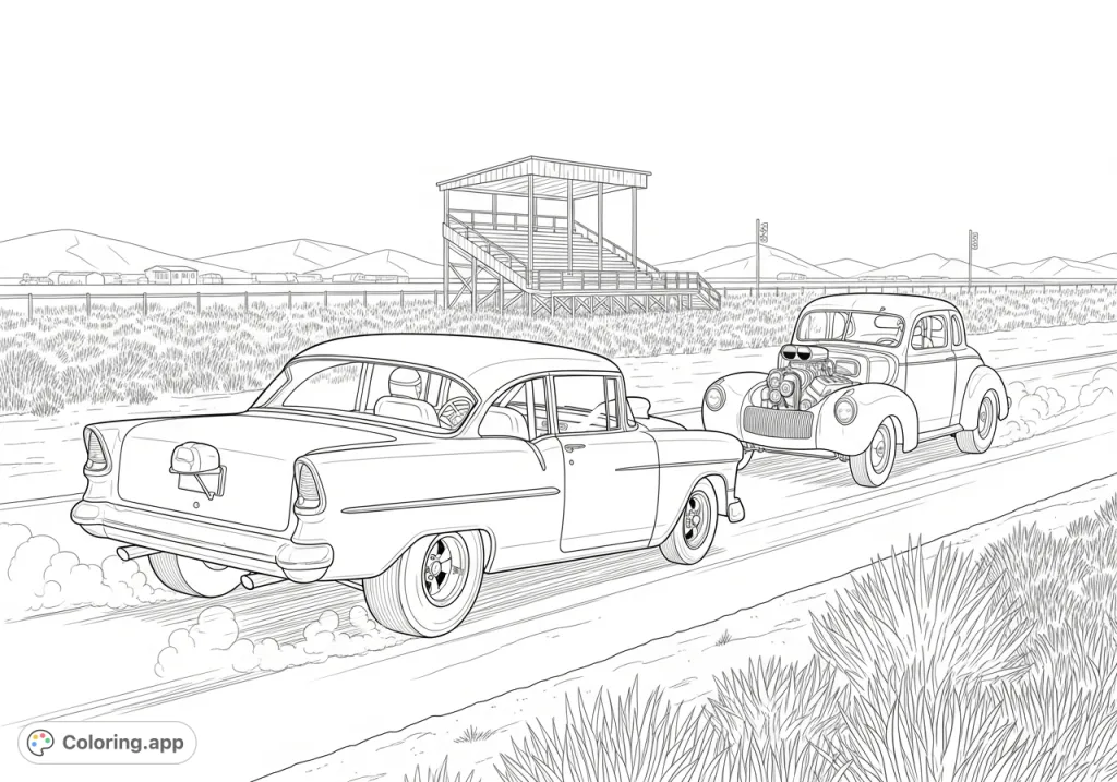 Experience a thrilling vintage drag race! A 1955 Chevy battles a 1941 Willy's gasser on a dusty rural strip.