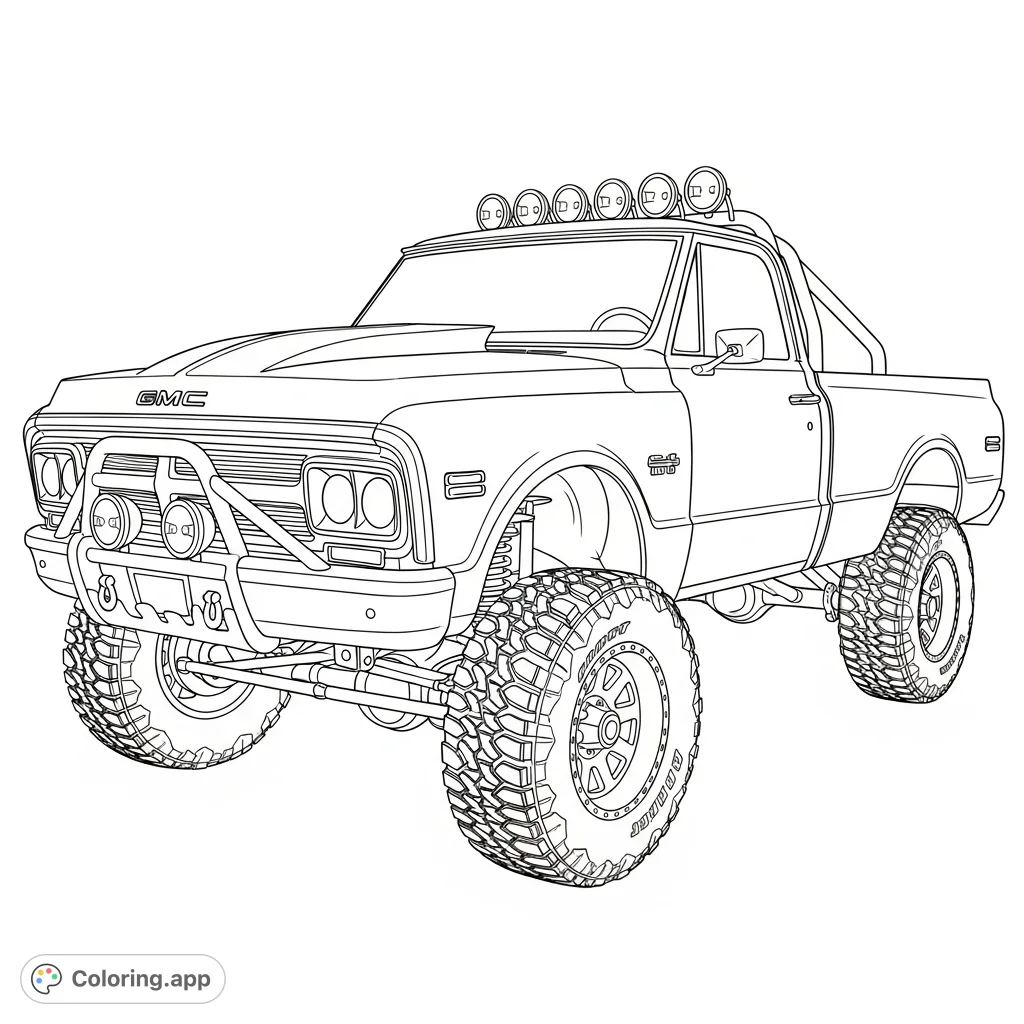 An iconic 1970 GMC K2500 4x4 short bed truck, ruggedly customized with a substantial lift, massive off-road tires, cowl hood, roll bar, and brush guard.