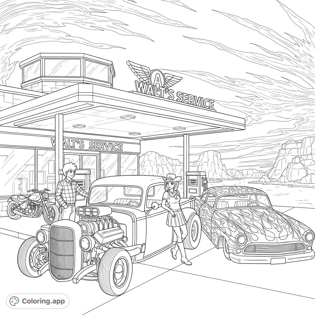 A dynamic hot rod service station scene, featuring classic custom vehicles, a motorcycle, and figures, set against a backdrop of distant rock formations.