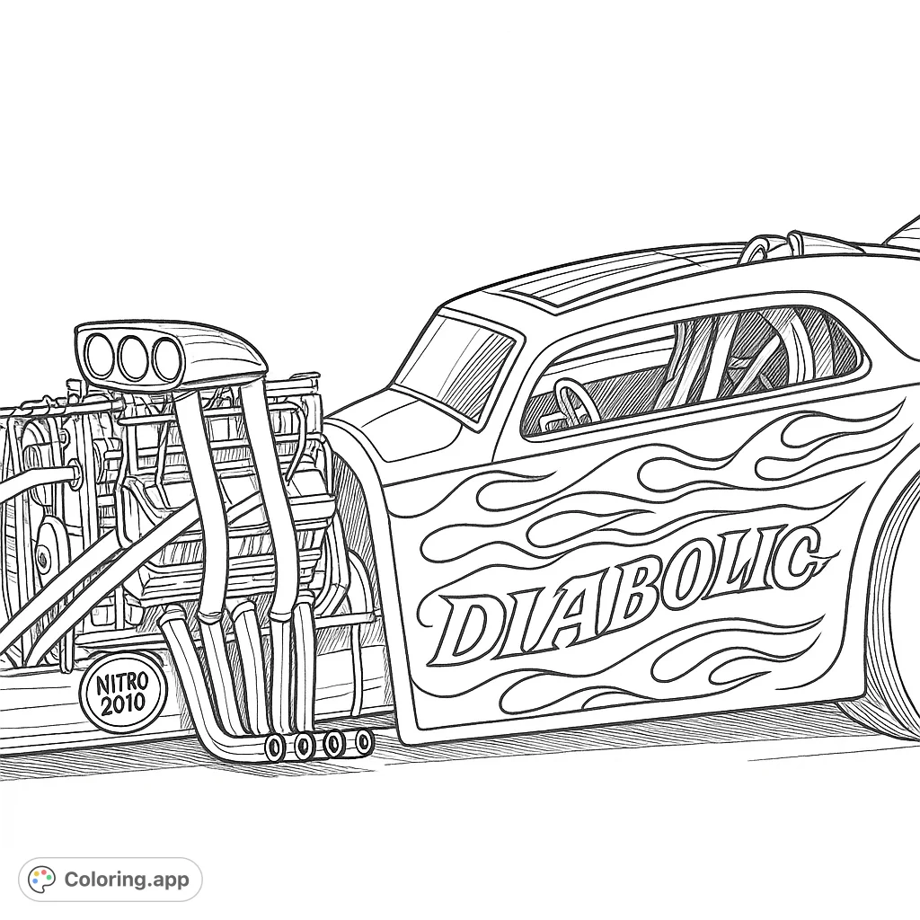 Unleash your creativity with this highly detailed hot rod coloring page, featuring a powerful exposed engine and dynamic flame patterns. Perfect for car enthusiasts!