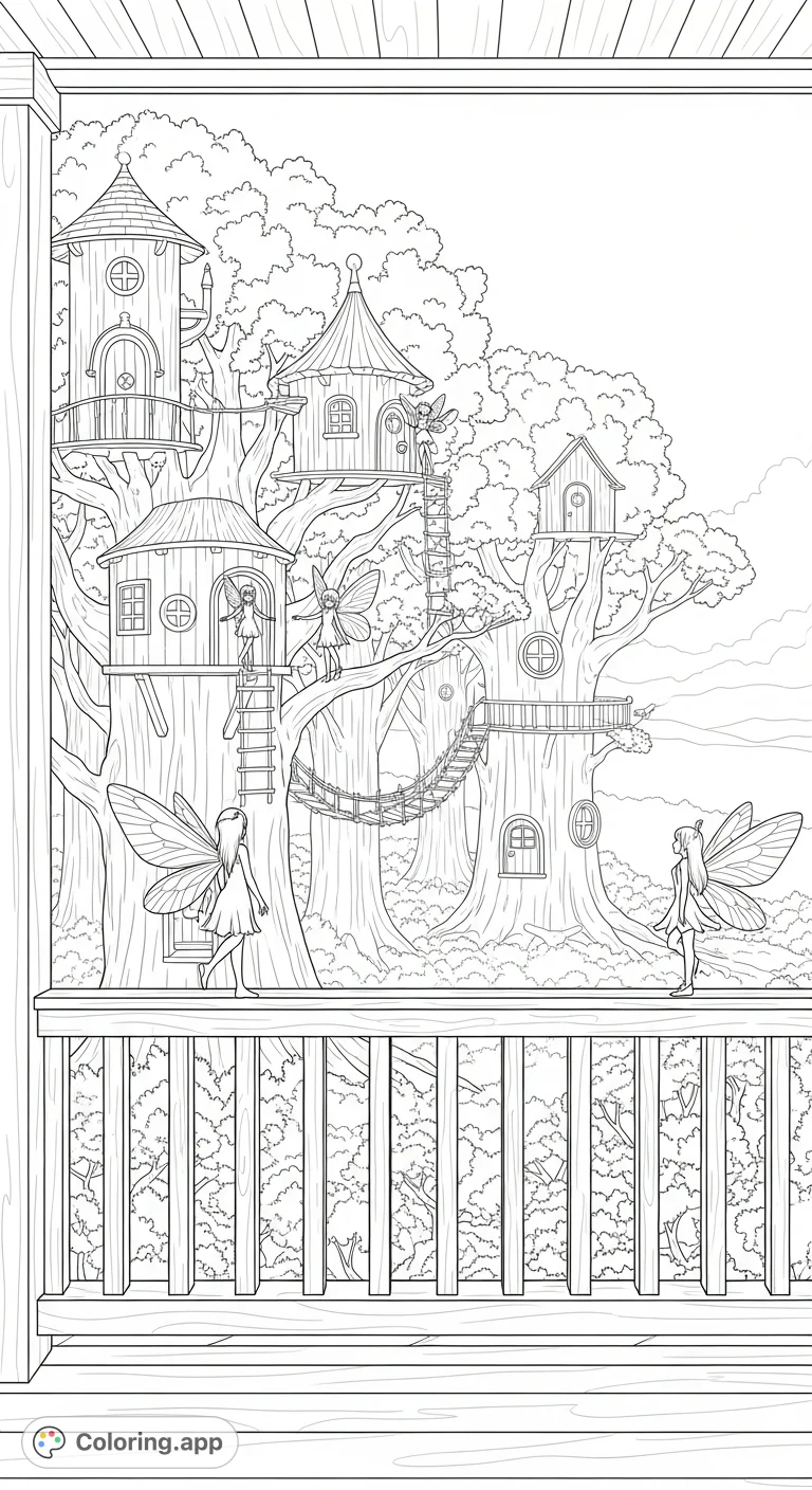 Discover a magical fairy tree houses coloring page. Delicate fairies awaken in whimsical tree homes, framed by a porch railing and soft morning fog.