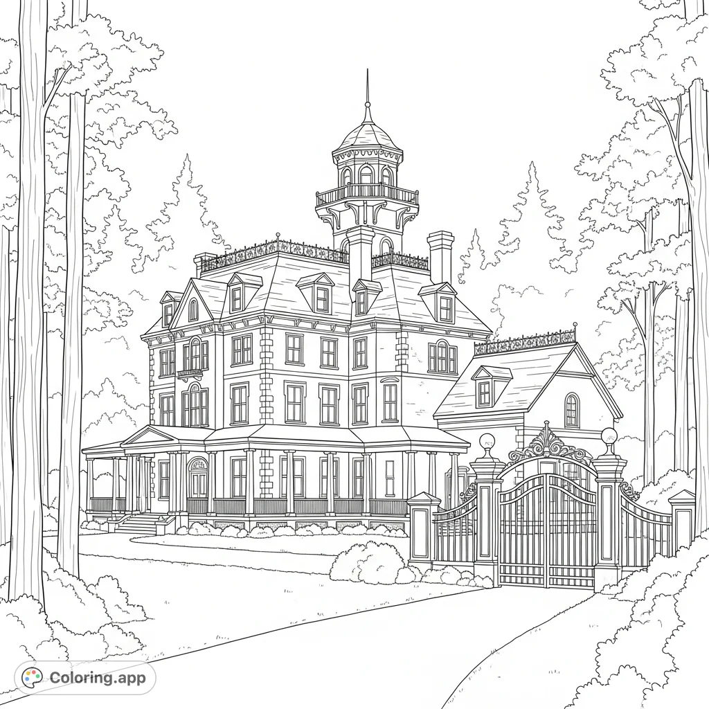 Explore a grand 1800s mansion with a lookout tower, sprawling porch, and hidden carriage house, nestled behind a winding forest drive. A detailed architectural coloring page.