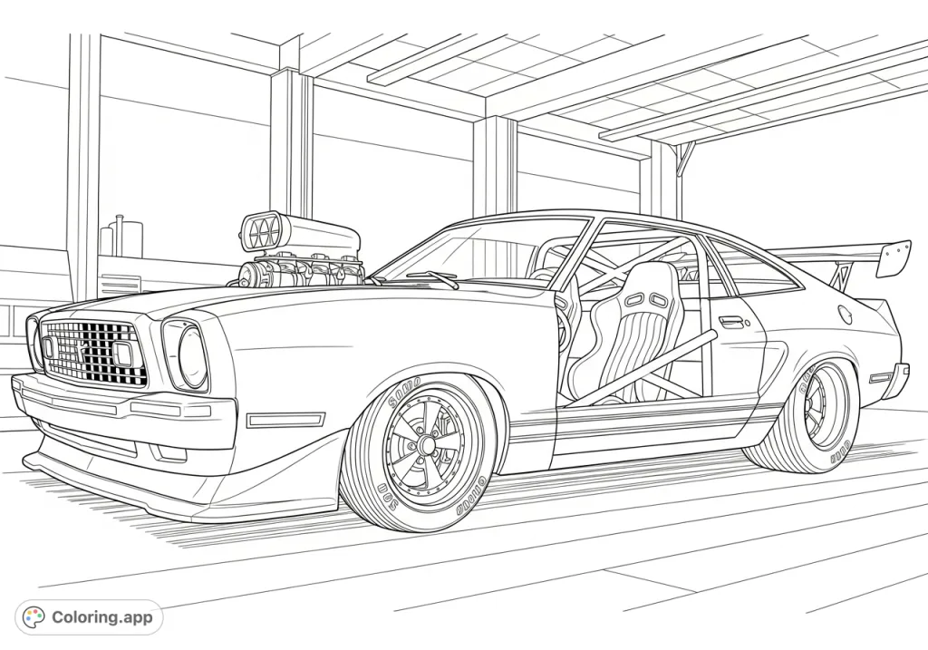 A dramatically lowered 1978 Ford Mustang II Cobra with a massive blower, custom wheels, and a full roll cage, ready for enthusiasts to bring to life.