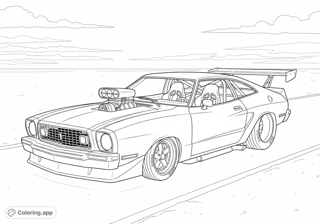 Unleash your creativity on this detailed 1978 Ford Mustang II Cobra, featuring a supercharger, custom wheels, and aggressive stance on a desolate road.
