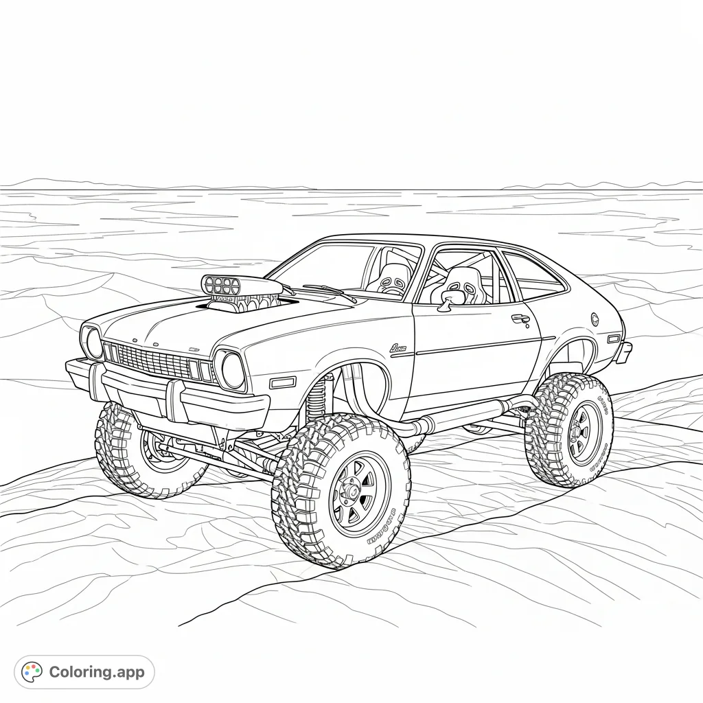 Unleash your creativity with this detailed 1975 Ford Pinto 4x4 coloring page, customized with intense suspension, cowl hood, and racing features atop a dune.