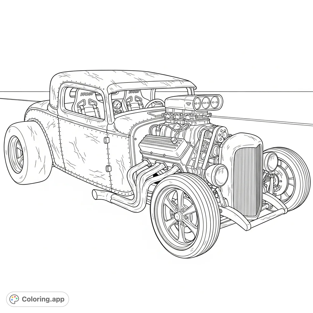 Unleash your creativity with this unique rat rod coloring page, featuring a rugged exterior, exposed engine, and polished high-performance details.