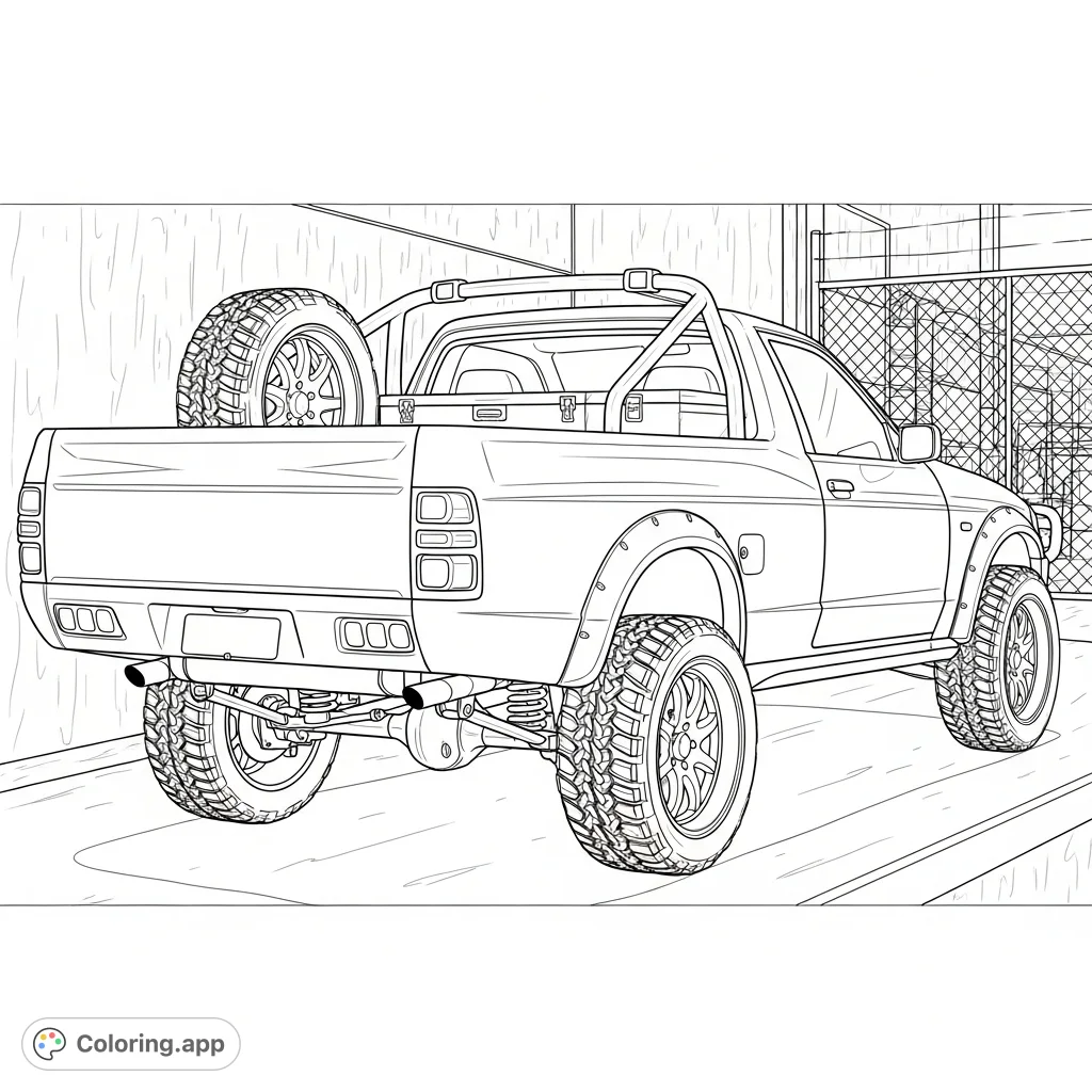 Unleash your creativity on this detailed classic ute coloring page, featuring custom 4x4 suspension, knobby tires, and an industrial backdrop.