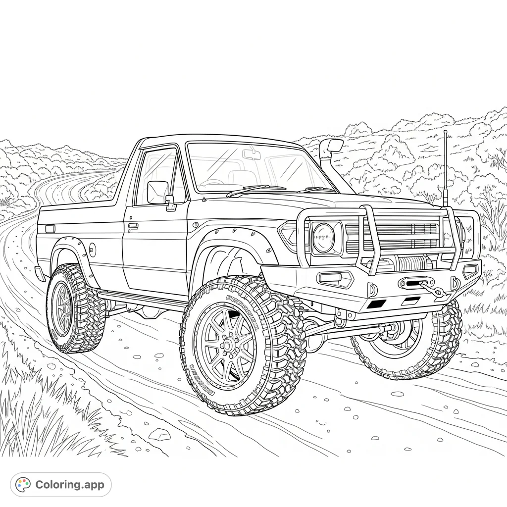 Capture the power of a custom 4x4 utility vehicle, complete with lifted suspension, knobby tires, and a heavy-duty winch, ready for adventure.