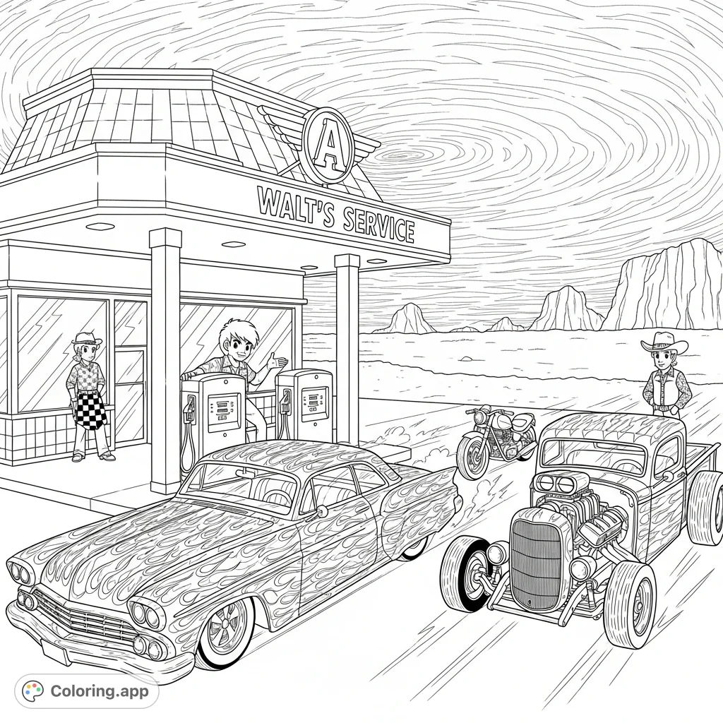 Step into a classic scene at "Walt's Service" station, featuring custom cars, hot rods, and distinctive figures under a dramatic sky. A detailed, free printable coloring page.
