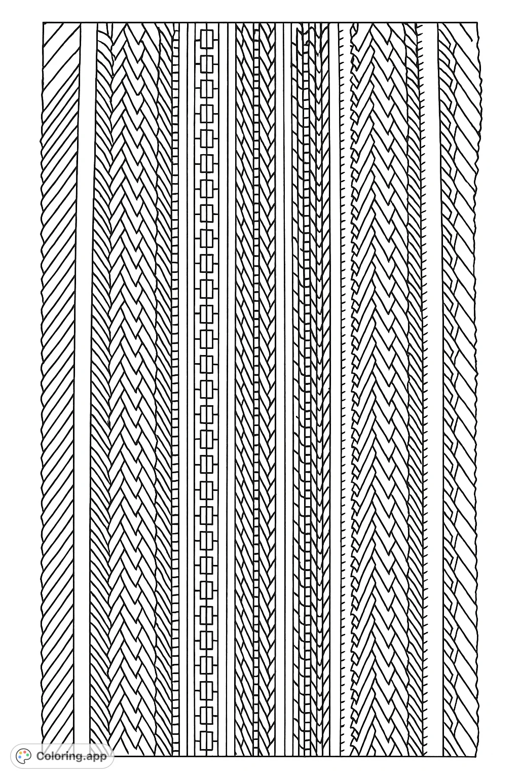 Explore a complex woven textile pattern with detailed chevron and braided stripes, offering a challenging and rewarding coloring experience.