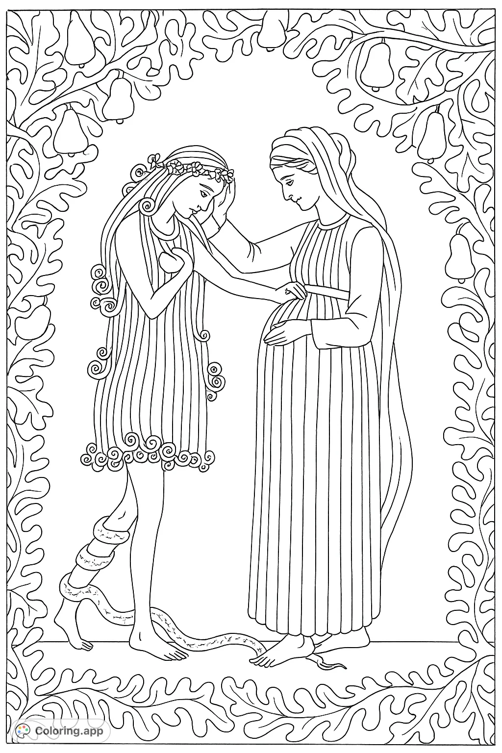 A symbolic scene featuring two female figures, one offering comfort to another holding a fruit, framed by a fruit-laden archway. A serpent is present.