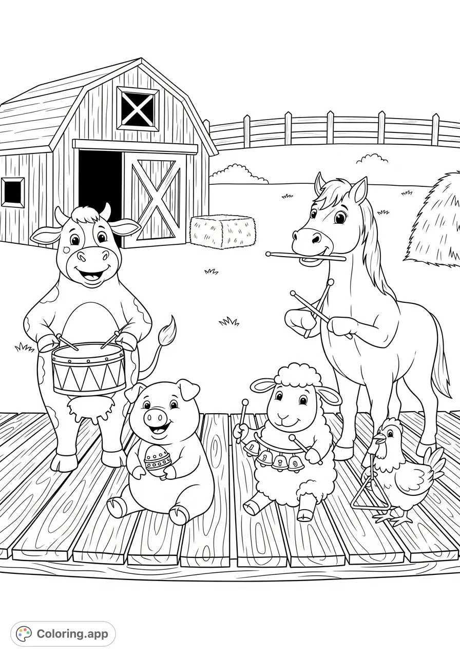Join Old MacDonald's farm animals in a joyful band, playing various instruments on a rustic stage. A delightful coloring page for all ages!