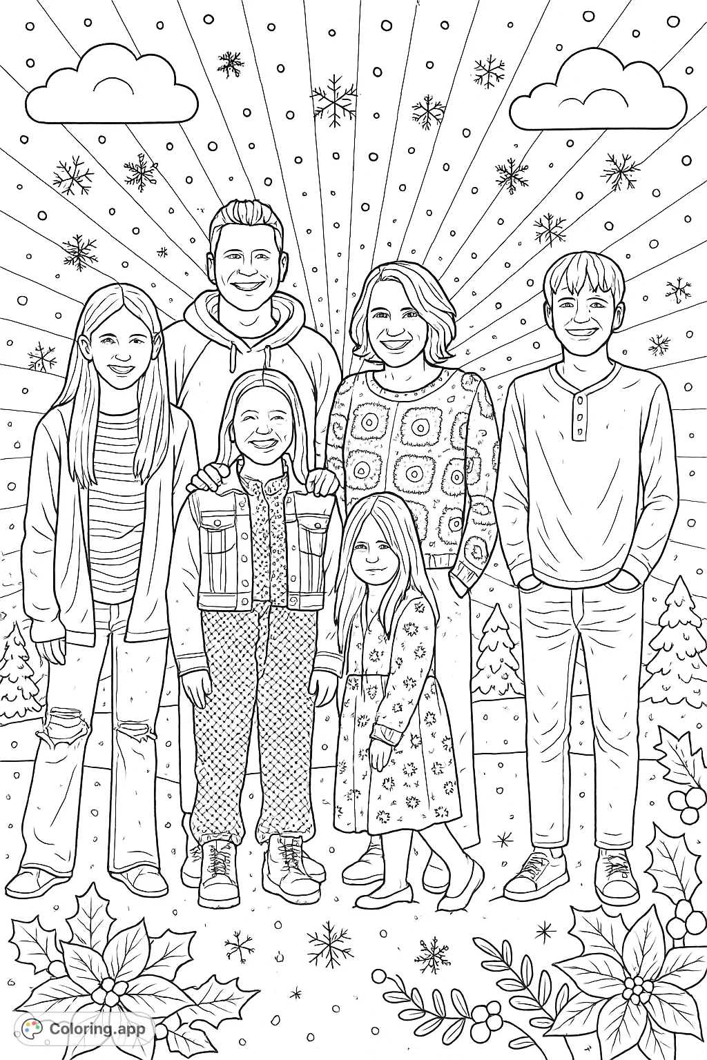 Capture the warmth of family with this charming winter portrait coloring page. Features six smiling family members against a snowy backdrop with radiating lines.