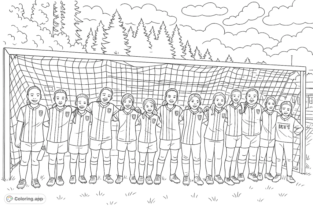A cheerful youth soccer team poses together in front of a goal, ready for a fun coloring adventure. Perfect for sports enthusiasts!
