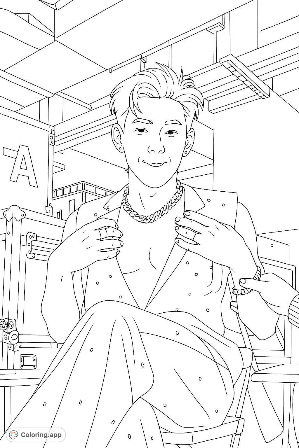 A stylish male figure with a playful smirk, wearing an open vest and a prominent chain, set against a backstage backdrop. Perfect for adult colorists.
