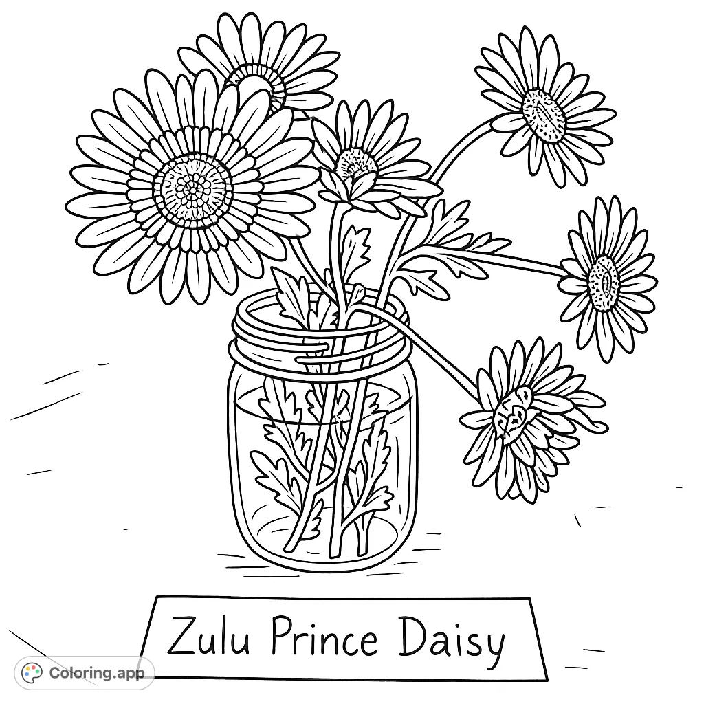 A charming Zulu Prince Daisy coloring page featuring a beautiful floral arrangement in a glass jar, perfect for nature lovers and botanical art enthusiasts.