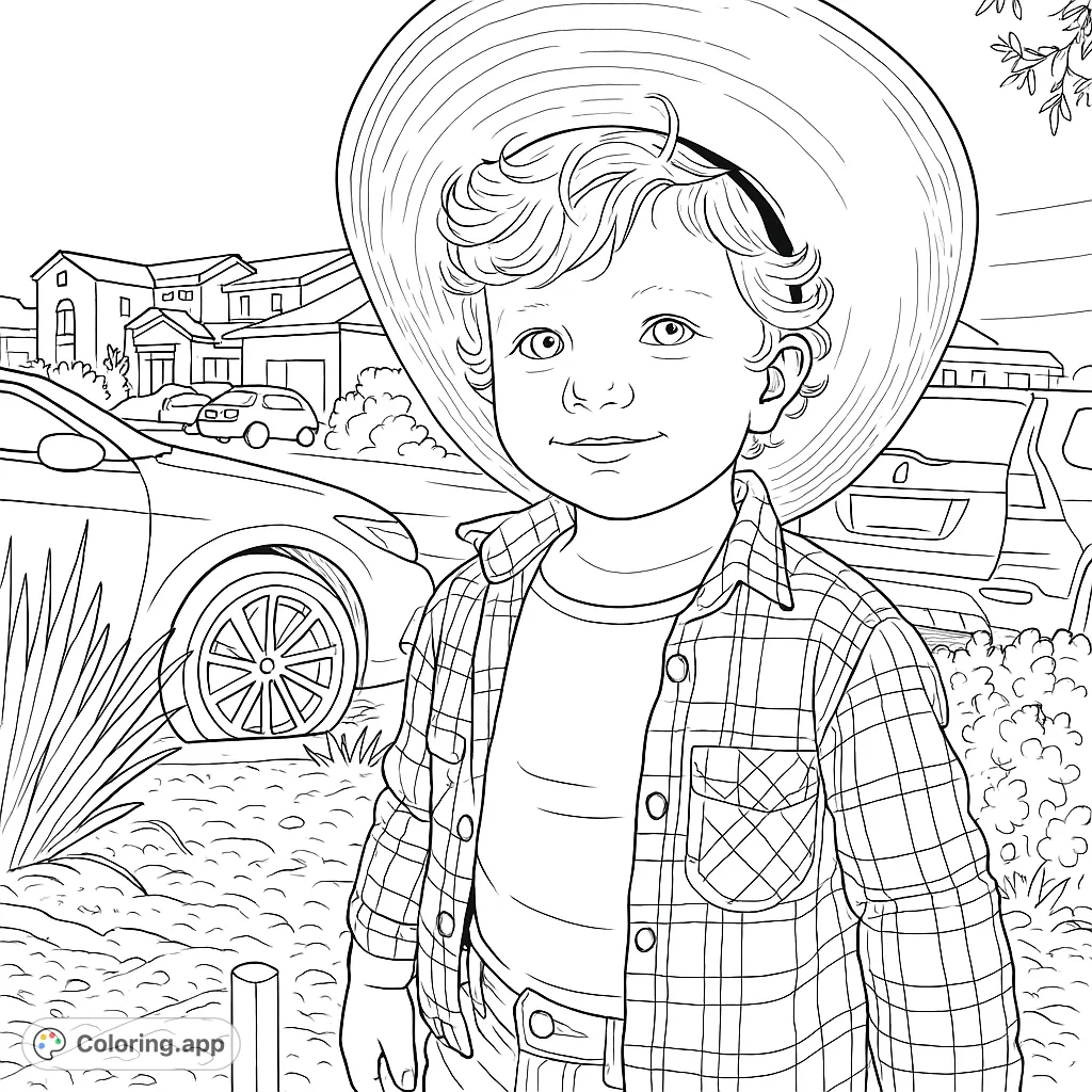 A charming coloring page featuring a young child in an oversized straw hat and plaid shirt, ready for adventure. Perfect for imaginative play and creative expression.