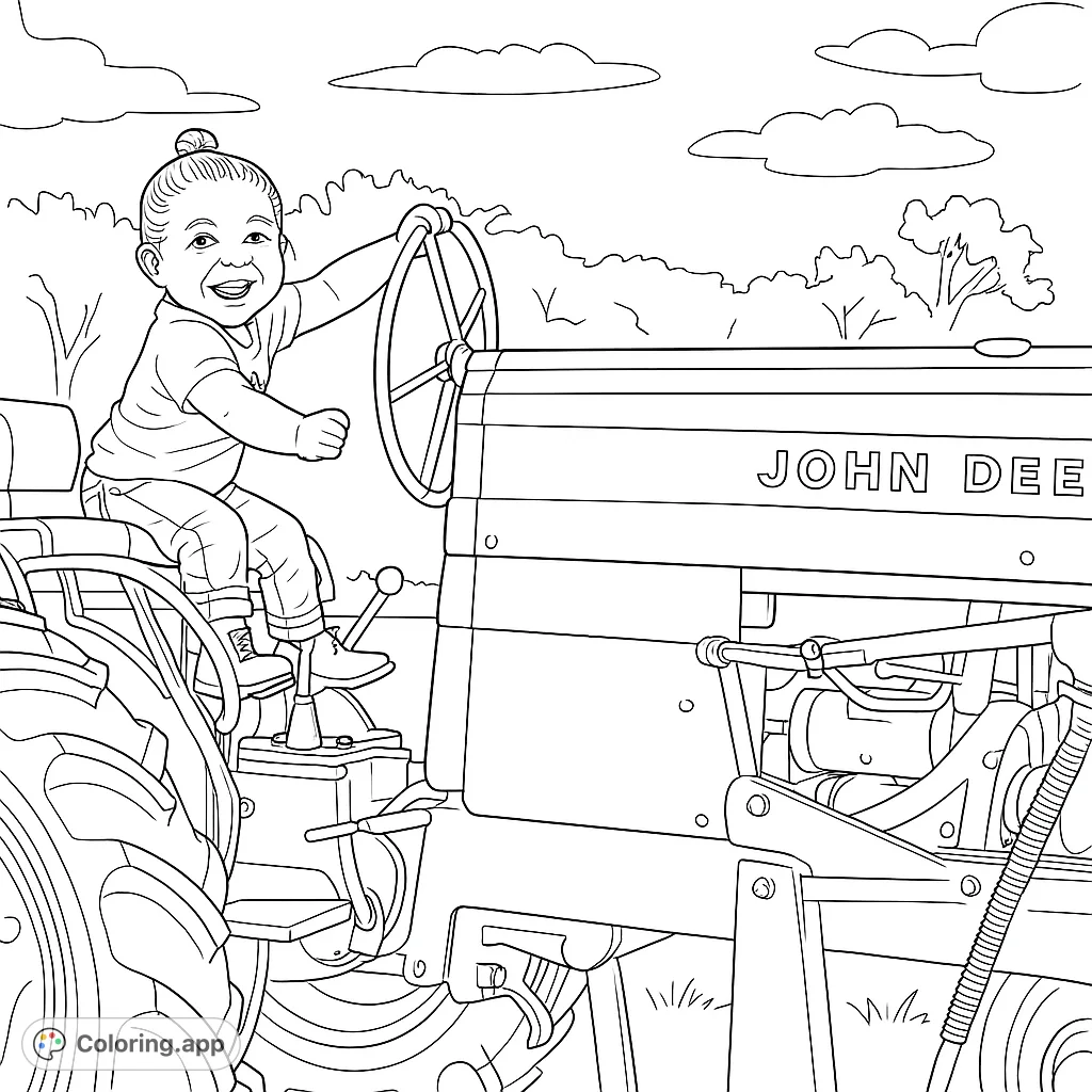 A joyful child sits on a large farm tractor, ready for an adventure. Perfect for young farm enthusiasts to color and imagine their own rural journey.