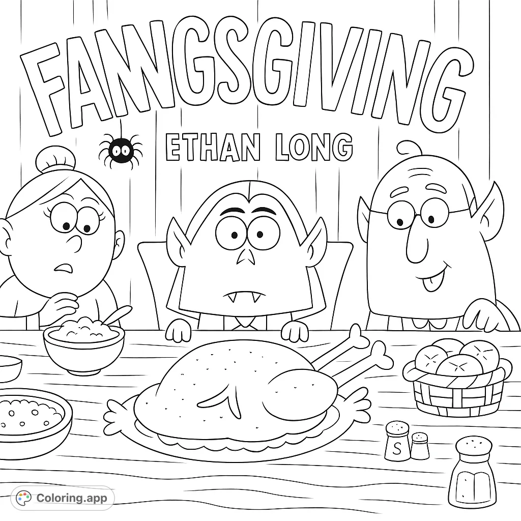 A fun monster Thanksgiving scene with three vampire characters enjoying a feast. Perfect for a spooky holiday coloring page.