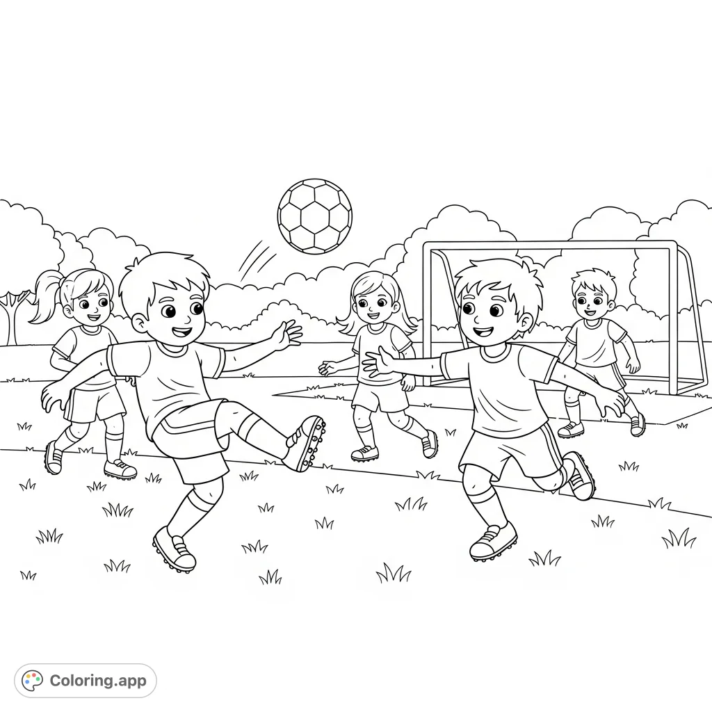 A dynamic soccer coloring page featuring boys and girls playing on a grassy field, perfect for sports enthusiasts and young artists.