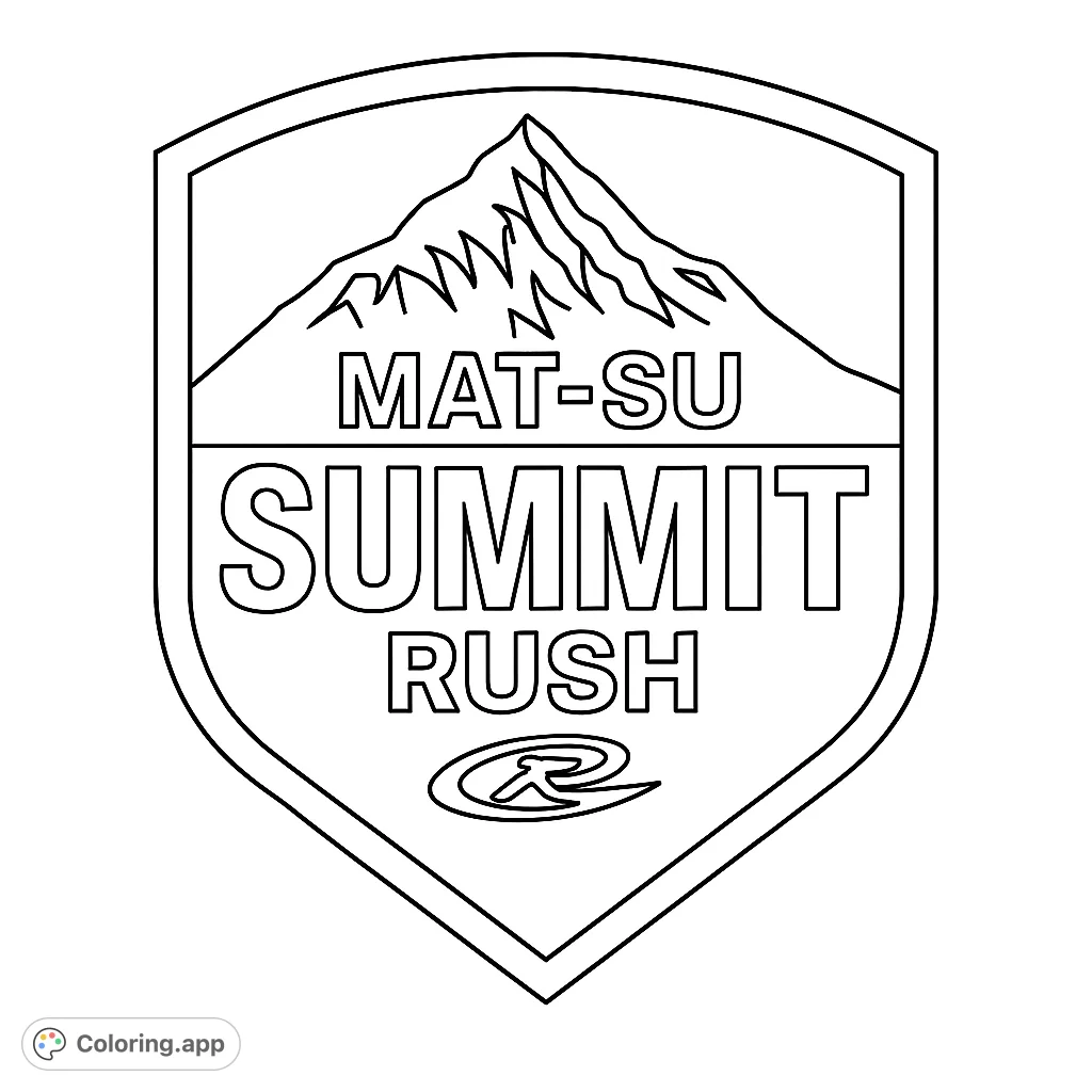 A bold shield emblem featuring a majestic mountain peak, prominent text 'SUMMIT RUSH', and a stylized symbol, perfect for a challenging coloring experience.