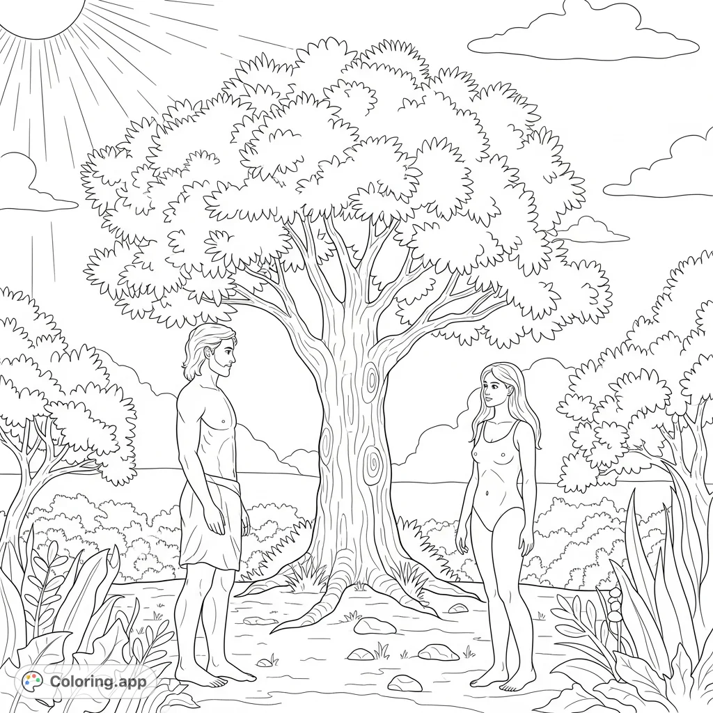 Explore the biblical Garden of Eden with Adam, Eve, and the majestic tree under the sun. A serene and meaningful coloring page for all ages.