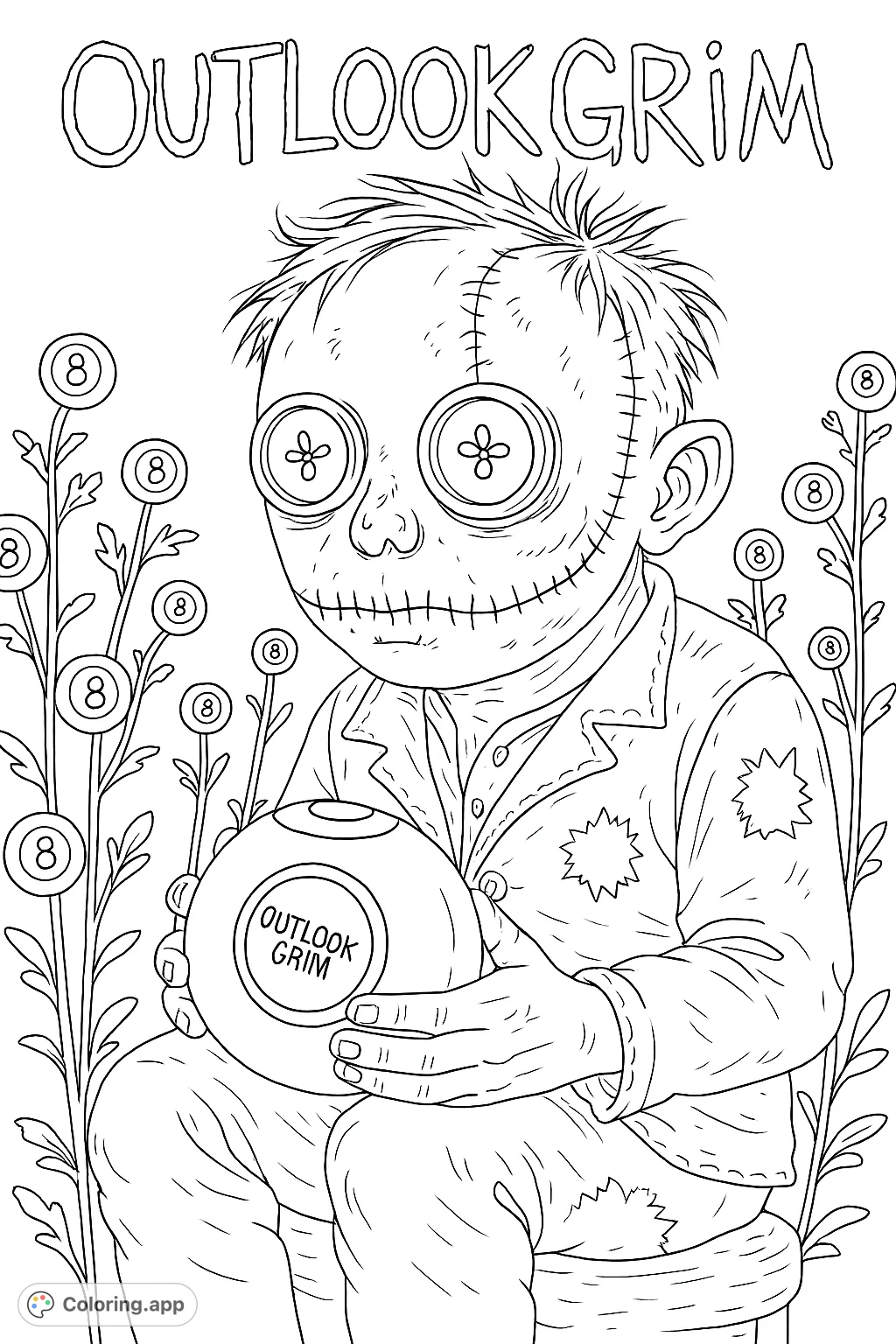 An eerie doll with button eyes holds a magic 8-ball in a field of mysterious spherical plants. A unique and captivating gothic coloring page.