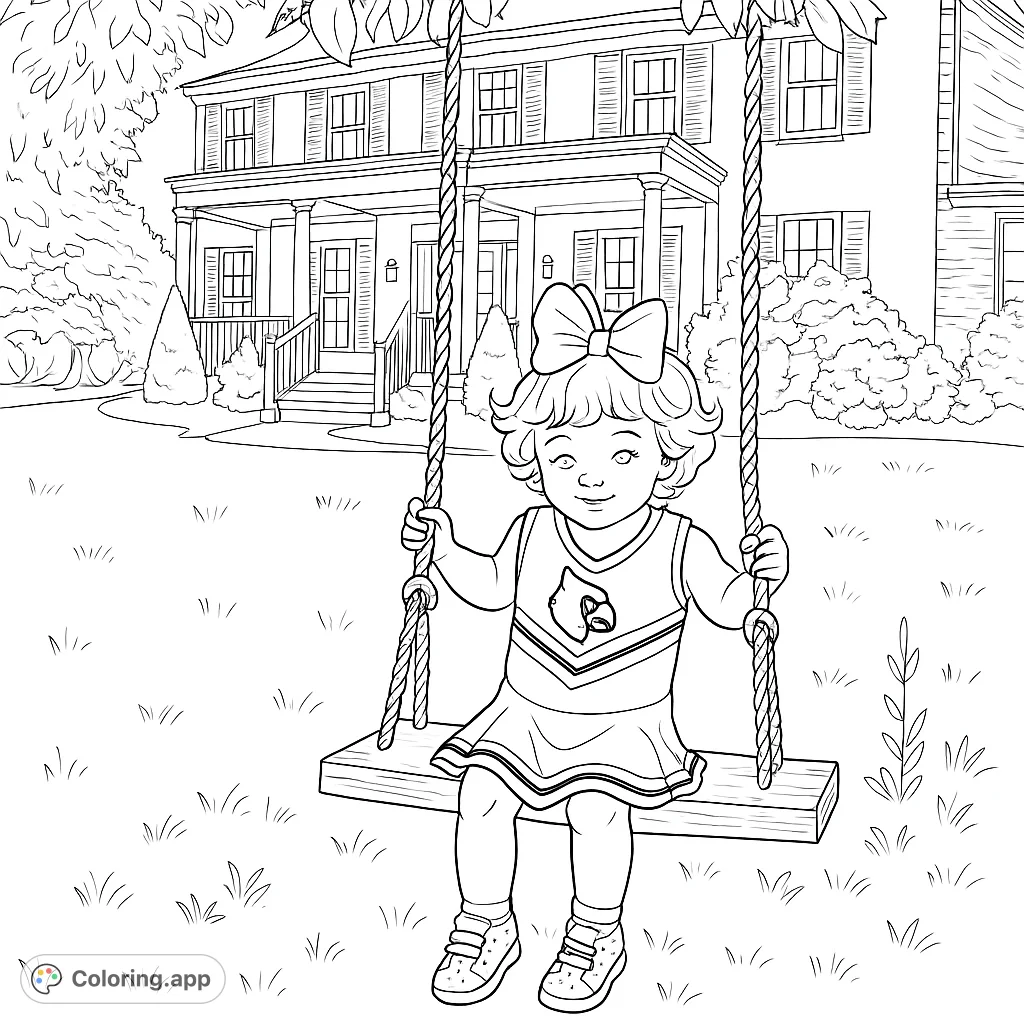 Adorable toddler in a cheerleader outfit sits on a swing, ready for fun. A charming scene with a grand house and lush lawn in the background.